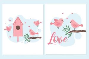 set di carte primaverili con uccelli. poster con uccelli rosa e casetta per gli uccelli. poster con simpatici uccelli d'amore rosa. illustrazione vettoriale in stile cartone animato.