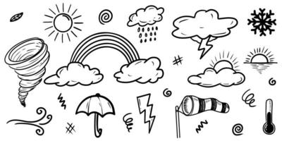 raccolta di icone meteo doodle disegnate a mano isolate su sfondo bianco. vettore