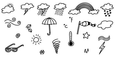 raccolta di icone meteo doodle disegnate a mano isolate su sfondo bianco. vettore