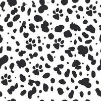 modello dalmata senza cuciture. stampa di pelle di animale. cani punti neri e zampa su sfondo bianco. vettore