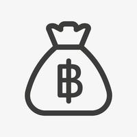 icona di baht. sacco con baht tailandese isolato su sfondo bianco. pittogramma di vettore dell'icona del profilo della borsa dei soldi. simbolo di valuta tailandese