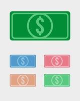 illustrazione vettoriale di cinque banconote in dollari americani in vari colori su sfondo grigio chiaro. icona di vettore di bollette usd colorate