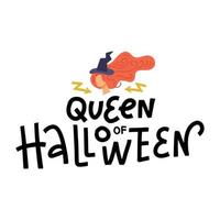 Regina di halloween segno lettering testo con illustrazione vettoriale della testa della strega nel cappello. stampa, poster, invito o banner di halloween.