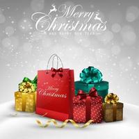 sfondo di scatole regalo e borsa decorazioni natalizie