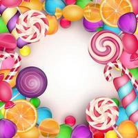 sfondo di caramelle colorate con gelatine, lecca-lecca e fetta d'arancia vettore