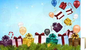 sfondo di buon natale con scatole regalo, palloncini, caramelle e abete vettore