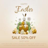 Coniglietto realistico 3d con elementi uovo di Pasqua d'oro con decorazioni di fiori e foglie. vettore