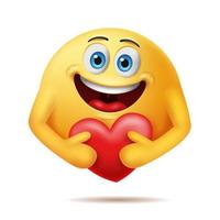 cura i personaggi delle emoticon abbracciando un cuore rosso con entrambe le mani che mostrano cura e supporto. illustrazione vettoriale realistica 3d