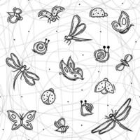insetti e insetti senza cuciture con libellule, farfalle, api, coccinelle e lumache vettore