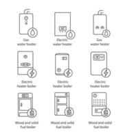 set di icone lineari di riscaldamento. simboli di contorno di linee sottili. gas, elettrico, combustibili solidi, caldaie e scaldabagno. impianti di riscaldamento centralizzato commerciali, industriali e domestici. tratto modificabile vettore