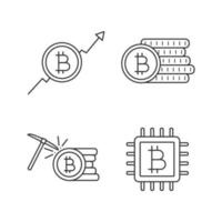 set di icone lineari di criptovaluta bitcoin. grafico di crescita del mercato, stack di monete bitcoin, mining, microchip. simboli di contorno di linee sottili. illustrazioni di contorno vettoriale isolate. tratto modificabile