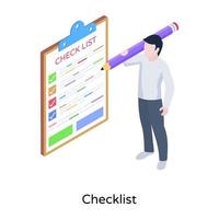 persona in piedi con appunti, concetto di illustrazione isometrica della lista di controllo vettore