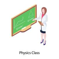 insegnante in piedi con la tavola, un'icona isometrica della lezione di fisica vettore