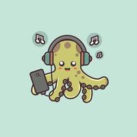 simpatico personaggio dei cartoni animati di polpo che gioca su smartphone e ascolta musica