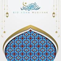 eid adha mubarak bella calligrafia araba saluto islamico con motivo marocchino, moschea e mezzaluna per sfondo, banner e biglietto di auguri. traduzione del testo festa benedetta vettore