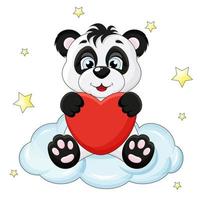 il simpatico panda si siede su una nuvola e tiene un cuore tra le mani vettore