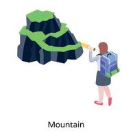 ragazza che guarda le montagne, icona isometrica con grafica alta vettore