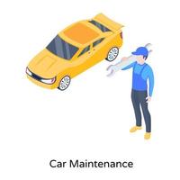 persona con chiave inglese e auto, concetto di icona isometrica di manutenzione dell'auto vettore