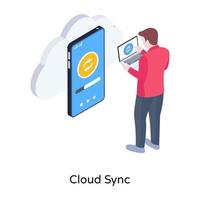 illustrazione isometrica di sincronizzazione cloud con funzione scaricabile premium vettore