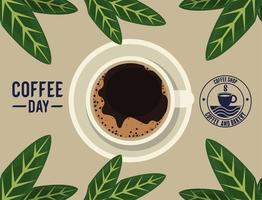 scritta del giorno del caffè con foglie vettore