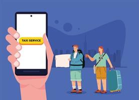 turisti che utilizzano l'app online taxi vettore