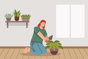giardiniere femminile con pianta d'appartamento vettore