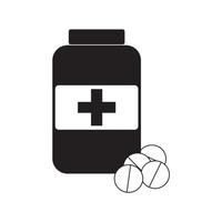 flaconi e pillole di medicinali. droga. icona in bianco e nero. Illustrazione vettoriale su sfondo bianco. farmacia