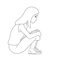 immagine in bianco e nero. la ragazza spaventata, depressa e triste sembra sola. illustrazione vettoriale di un bambino indifeso e spaventato. ansia e paura