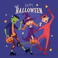 poster di halloween colorato gruppo di bambini con costumi vettore