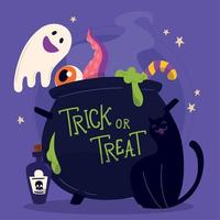 poster colorato di halloween calderone della strega con caramelle e un vettore fantasma