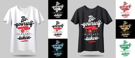 mockup di design t-shirt. nuovo design della t-shirt tipografica in bianco e nero con mockup in diversi colori. vettore