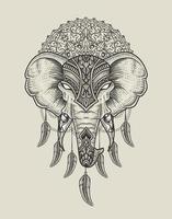 illustrazione stile mandala incisione testa di elefante con maschera vettore