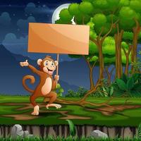 una scimmia che tiene un cartello di legno nella foresta vettore