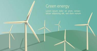 turbine a energia eolica su un campo verde e un cielo blu con voce energia verde. fonte di energia alternativa. eps 10.