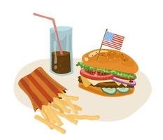fast food americano appetitoso luminoso. hamburger, patatine fritte e cola. l'illustrazione vettoriale in stile cartone animato può essere utilizzata per menu, ricette, applicazioni
