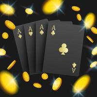 Carte da poker del casinò 3d e fiches da gioco su sfondo nero, illustrazione vettoriale