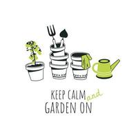 illustrazione carina con attrezzi da giardino. curare, lavorare e coltivare piante. concetto di giardinaggio. stile cartone animato disegnato a mano. vettore