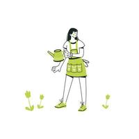 ragazza che innaffia le piante con un annaffiatoio. una giovane donna lavora in un orto o in una fattoria. illustrazione di disegnare a mano in stile cartone animato. concetto di giardinaggio. vettore