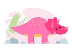 simpatico dinosauro rosa. gentile sorridente cucciolo di dinosauro triceratopo. banner di stampa di progettazione grafica del bambino del fumetto. design originale da ragazza creativo. illustrazione vettoriale eps di disegno a mano