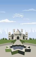 bella moschea stagno giardino paesaggio islamico ramadan kareem biglietto di auguri vettore