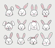 12 conigli disegnati a mano per adesivi, icone, stampe, carte, etichette, cartellini, decorazioni pasquali, ecc. coniglietto, testa di coniglio, disegno di cartoni animati, ecc. eps 10 vettore