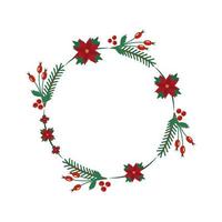 ghirlanda di Natale con rami di abete verde, bacche invernali, rosa canina e stella di Natale. illustrazione vettoriale di capodanno per cartoline
