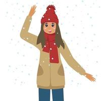 una ragazza in abiti invernali agita la mano in segno di saluto, fuori nevica. illustrazione vettoriale per una cartolina, un banner, un design o un arredamento