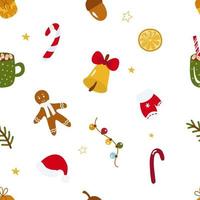 modello senza cuciture di natale. bastoncino di zucchero, guanto, abete rosso, ghirlanda, campana, berretto, boccale, omino di pan di zenzero. illustrazione vettoriale per design, arredamento, scrapbooking, stampa su carta, tessuto