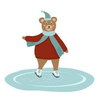 simpatico orso bruno sta pattinando con cappello, sciarpa e maglione. illustrazione vettoriale invernale per un biglietto di auguri