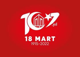 Logotipo del 107° anniversario del 18 marzo. bandiera dal design moderno e monumento ai martiri luna canakkale. design moderno e pronto da condividere. 18 marzo monumento e anniversario della libertà di Canakkale. sfondo rosso. vettore