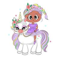 bambina con un unicorno carino illustrazione per bambini, stampa tessile, confezione per t-shirt, decorazione per la camera dei bambini, design della carta vacanza, illustrazione vettoriale