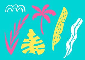 Collezione tropicale per le foglie esotiche della spiaggia estiva, foglie, ananas, palme e frutti. Elementi di design vettoriale isolati su sfondo bianco