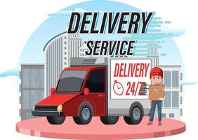 logo del servizio di consegna con furgone e personaggio dei cartoni animati del corriere vettore