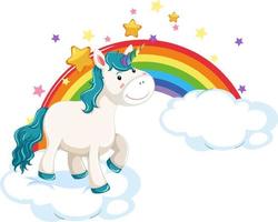 simpatico unicorno in piedi su una nuvola con arcobaleno vettore